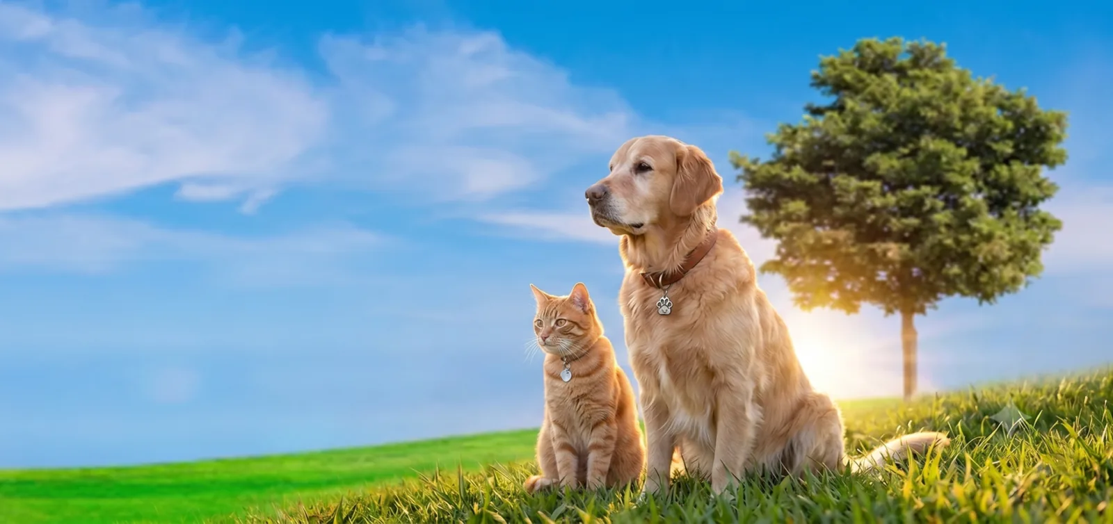 Un perro y un gato sentados juntos en el pasto al atardecer, símbolo del amor por las mascotas en Huellitas por Siempre